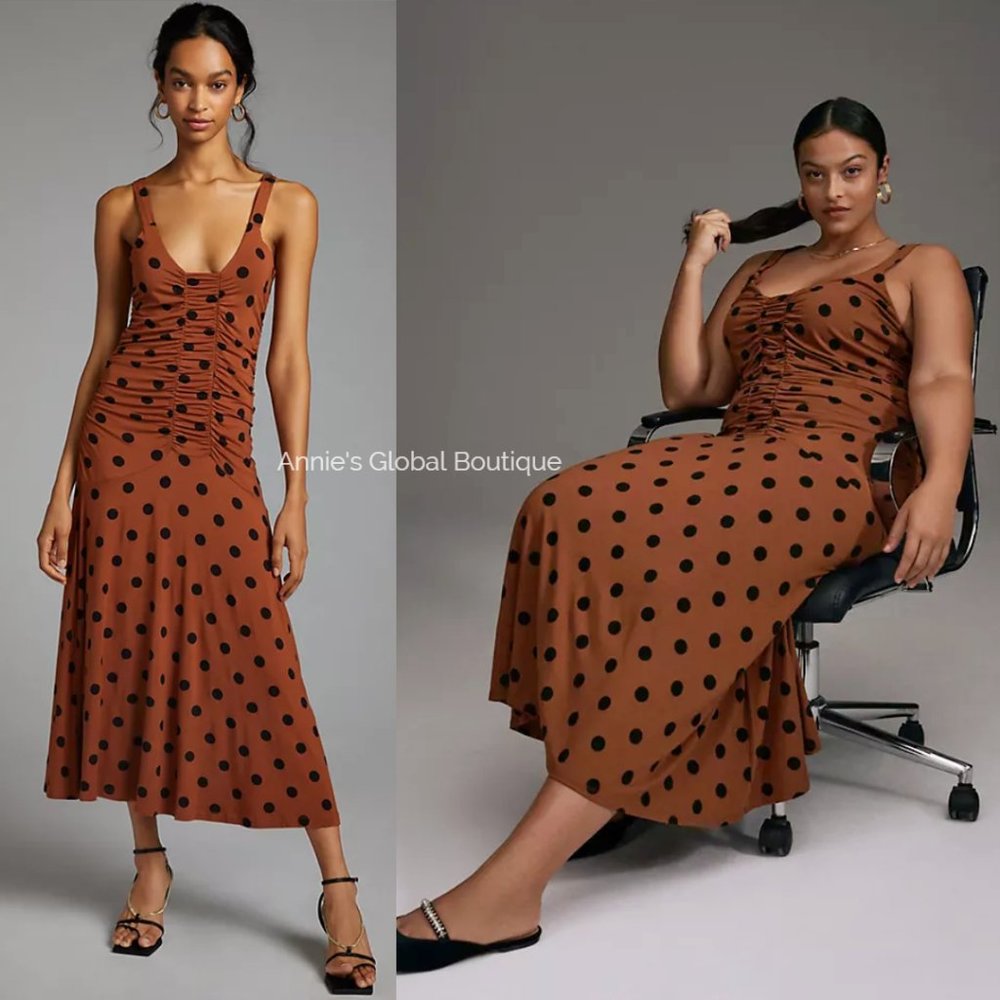 RARE NWT ANTHROPOLOGIE Maeve Ruched Polka Dot Midi Dress. Size L - Picture 1 of 16
